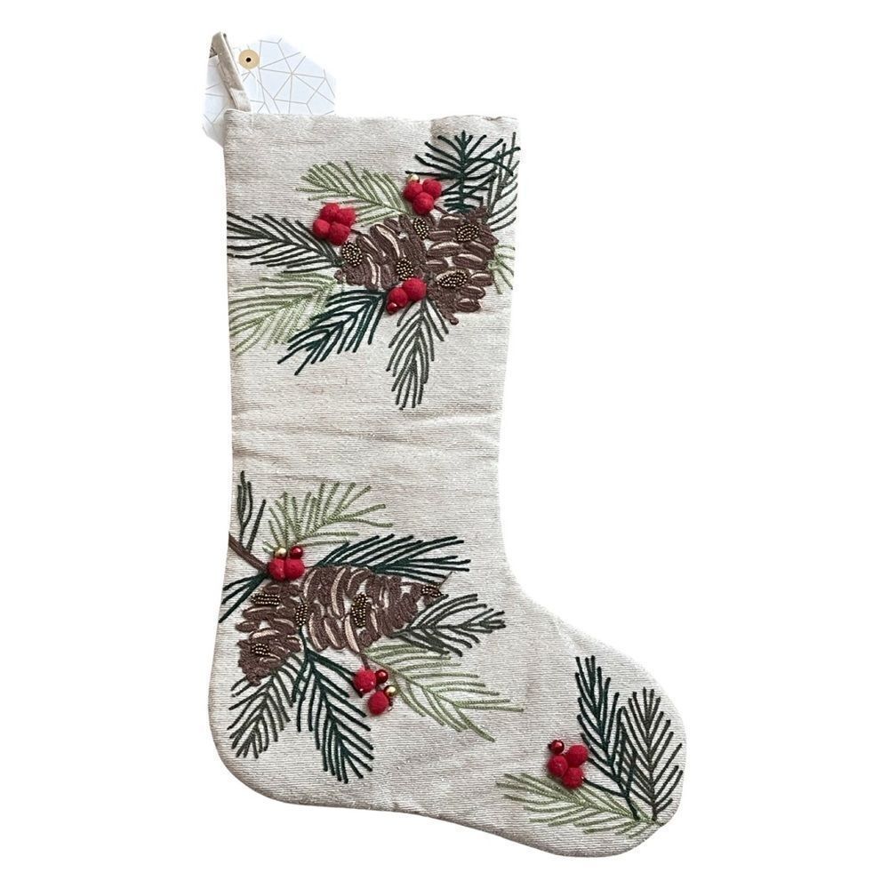 Max Studio Pine Cone Ivory Linen Holiday Christmas Stocking NWT